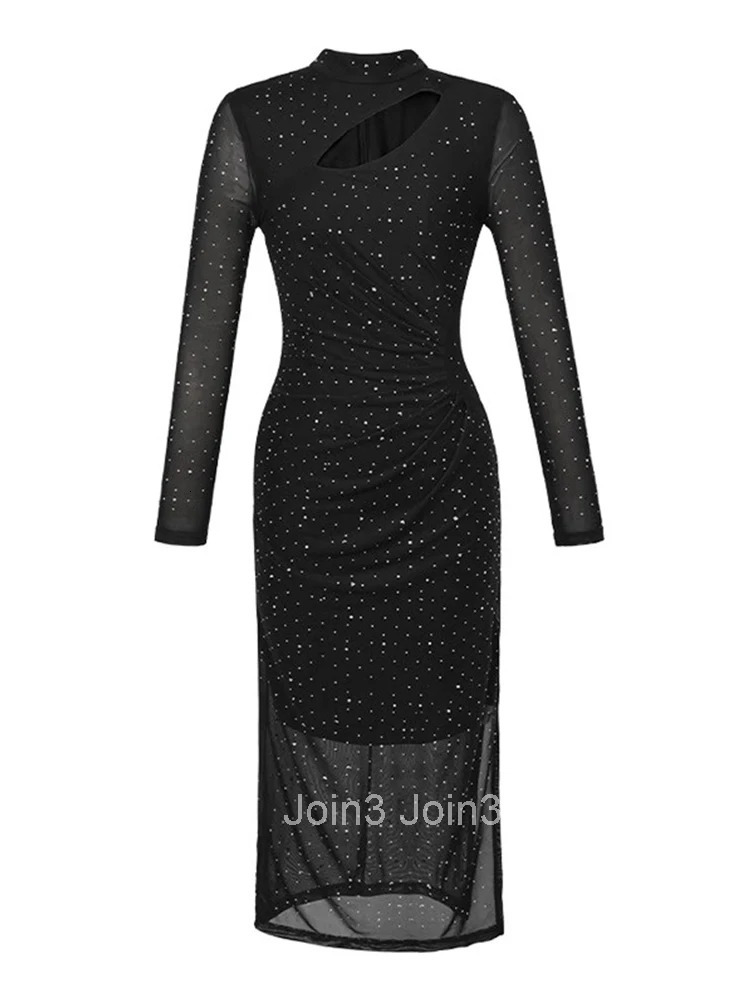 New Black Mesh Long Evening Dress Women Clothes Chic Luxury Sparkly Hollow Sexy Sheer Midi Party Prom Robe Mujer Ladies Vestidos