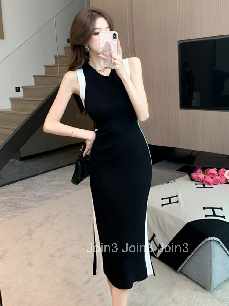 Women Street Clothes Black Knitted Sexy O-Neck Sleeveless Skinny Stretchy Dress Elegant Fashion Vestidos Robe Casual Summer New