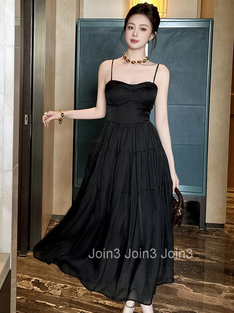 Summer French Fashion Casual Black Sexy Sling Evening Dress Women Clothes Chest Wrapped Slim Midi A-Line Robe Party Prom Vestido