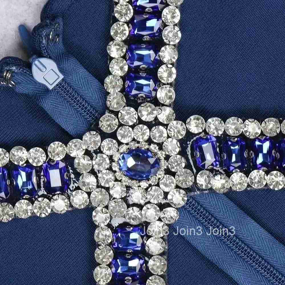 Women Fashion Cross Design Neck-mounted Bodycon Dress Blue Elegant Flash Diamond Embellished Evening Party Red Carpet Gown