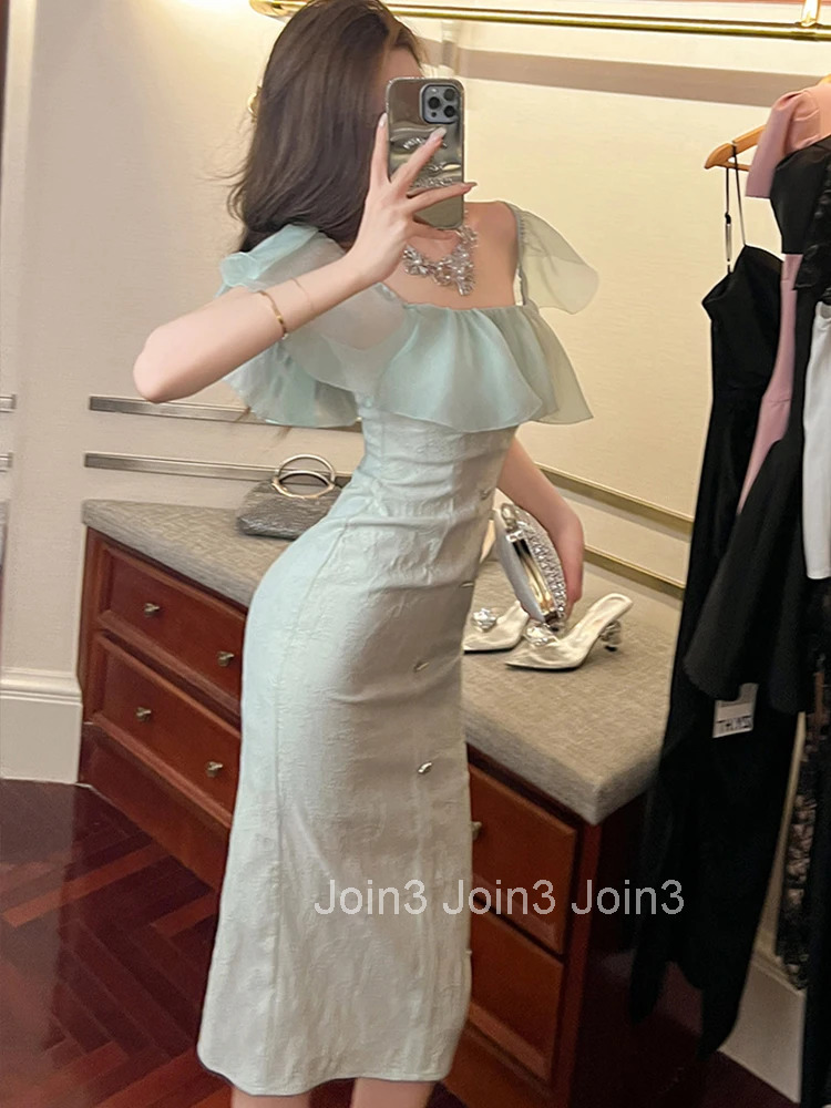 Fashion Summer Evening Dress Women Elegant Chic Bright Silk Sexy Off-Shoulder Slim Midi Party Prom Mujer Vestidos Street Clothes