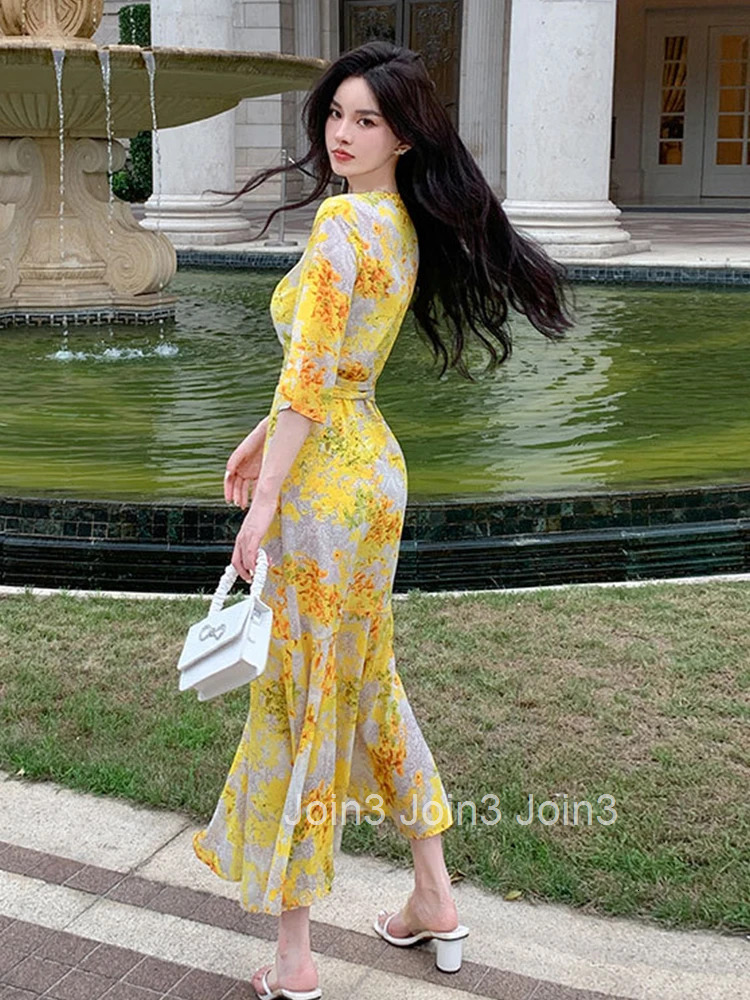 Summer Vacation Long One Piece Dress Women Clothes Elegant Pretty Print Casual V-Neck Lace-up Slim Maxi Beach Robe Mujer Vestido