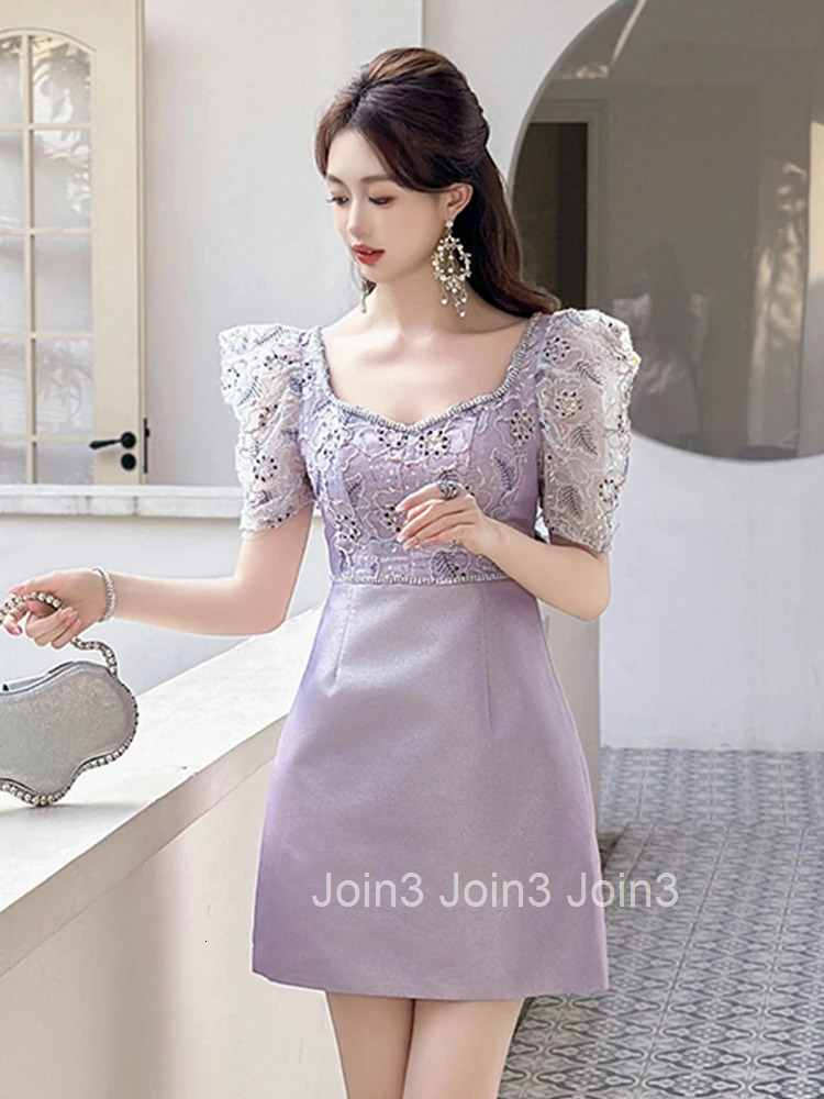 Summer French Elegant Luxury Sparkly Birthday Evening Dress Women Clothes Sweet Square Neck Slim A-Line Short Party Prom Vestido