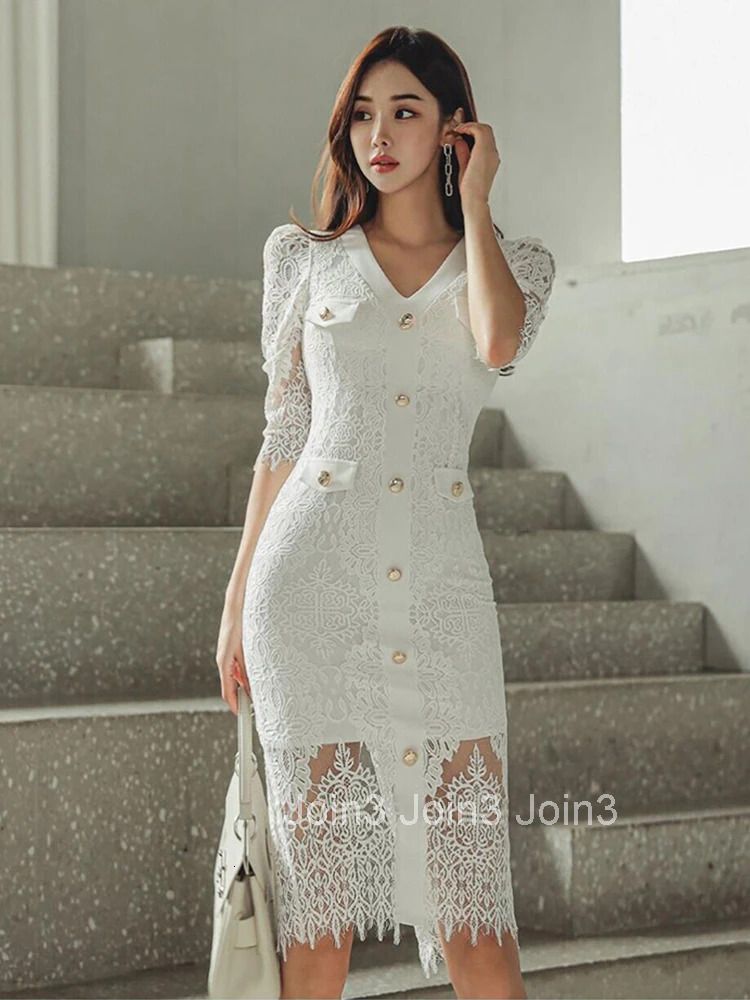 New Korean Fashion White Lace Long Pencil Dress Women Clothes Elegant Sheer V-Neck Slim Midi Party Prom Robe Femme Mujer Vestido