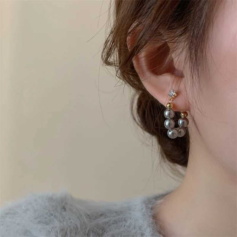 New Delicate Gray Pearl Zircon Hoop Earrings for Women Vintage Elegant Crystal Beaded Earrings Bride Wedding Jewelry Gifts XJ250623