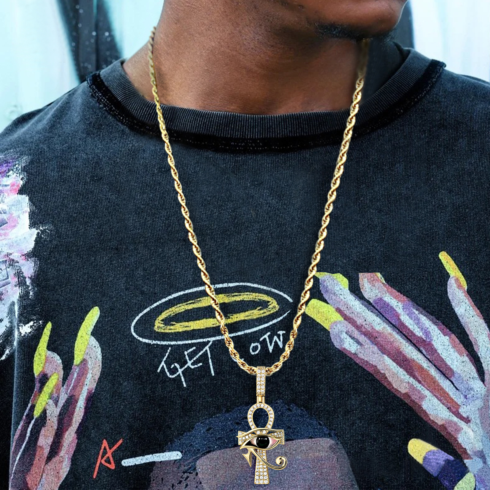 Hip Hop Full Iced Out Horus Eye Cross Pendant Trendy Brand Moissanite Statement Necklace Pass the diamond tester