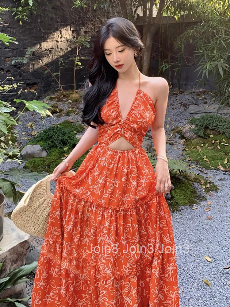 New Summer Fashion Boho Floral Print Vacation Beach Long Dress Women Clothes Elegant Sweet Sexy Backless Slim Maxi Vestidos Robe