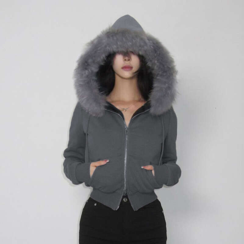 Autumn Winter Women's Fashion Faux Fur Patchwork Hooded Warm Solid Color Zipper Short Cardigan Jacket B5
