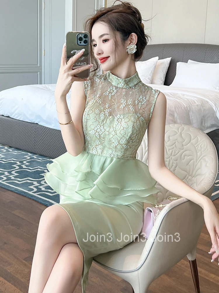 Fashion Fake 2 Pieces Summer Princess Dress For Women Elegant Chic Lace Sheer Sexy Sleeveless Slim Midi Party Prom Mujer Vestido