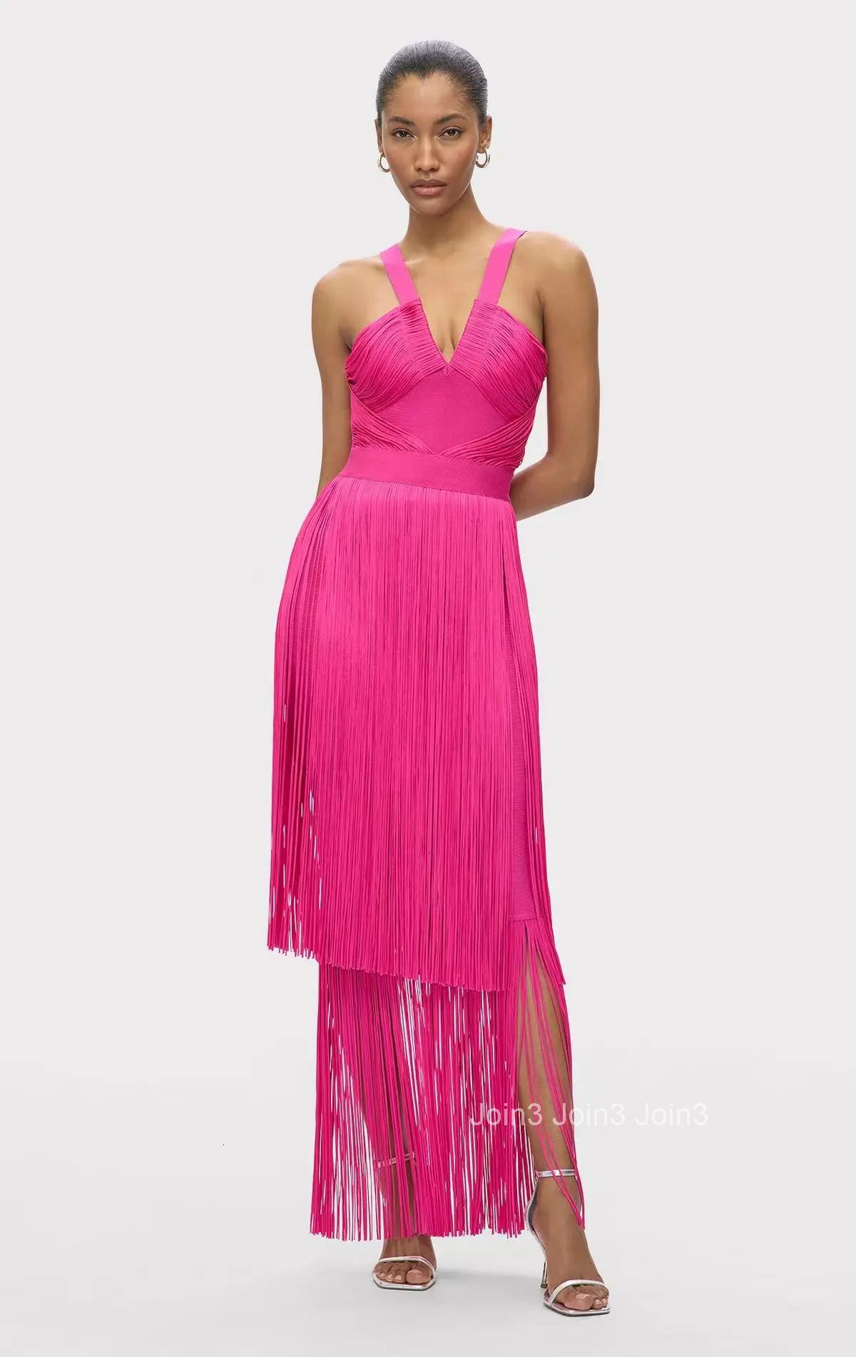 Rose Beige V-Neck Evening Dress 2025 Ruffled Bodice with Fringe Hem Slim Fit Party Gown Formal Guest Dress
