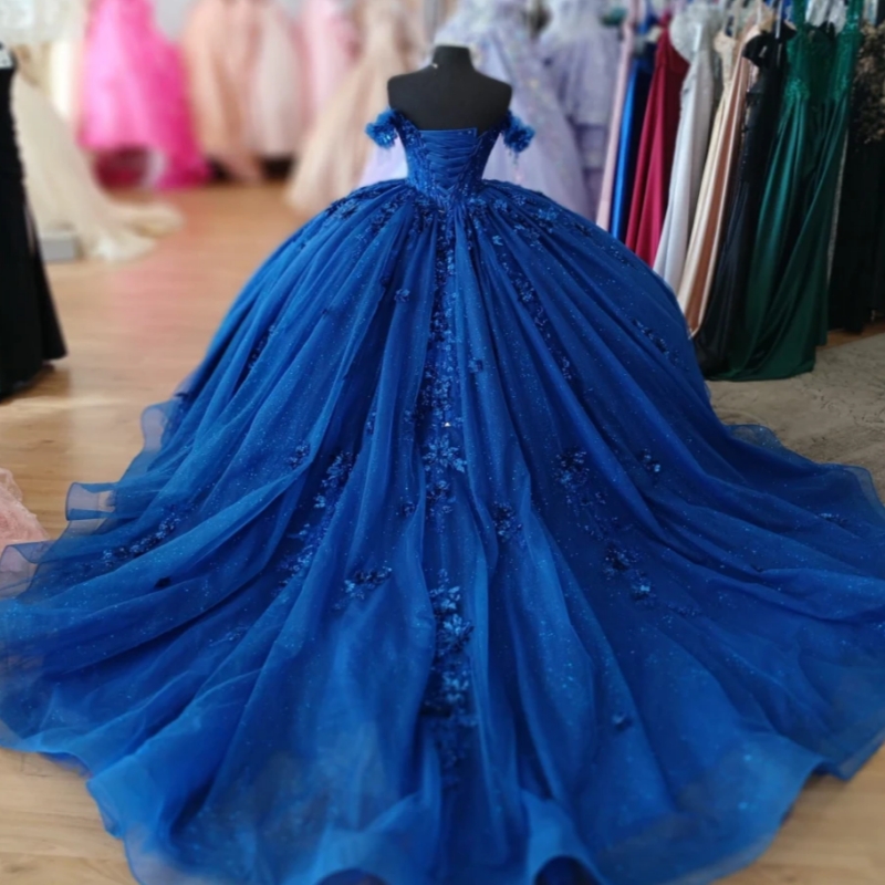 Royal Blue Shiny Princess Ball Gown Quinceanera Dresses Floral Applique Beaded Corset Tull Sweet 16 Dress Vestidos De 15 Anos