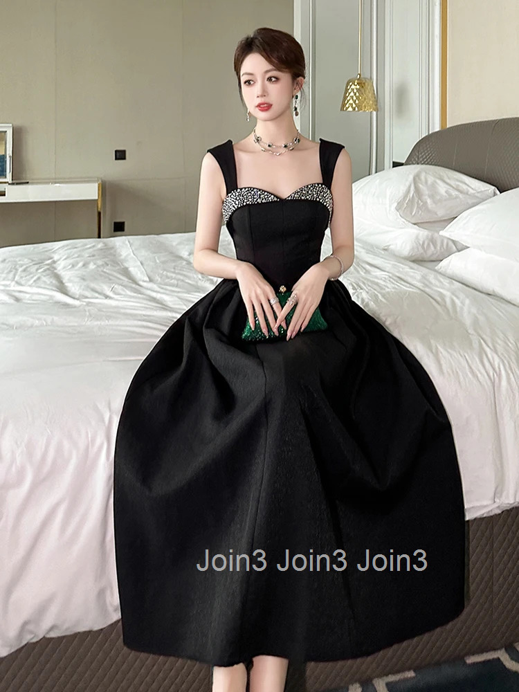 Summer Vintage Black Elegant Luxury Gown Evening Dress Women Clothes Sexy Chest Wrapped Slim Long A-Line Party Club Prom Vestido