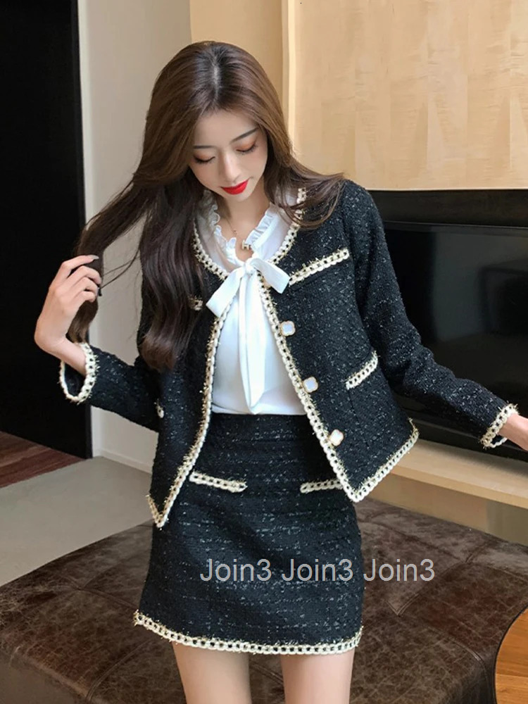 New Fashion Spring Ladies Black Tweed Vintage 2 Pieces Outfit Women Short Coat Tops Jacket Outwear And Mini Skirt Mujer Slim Set