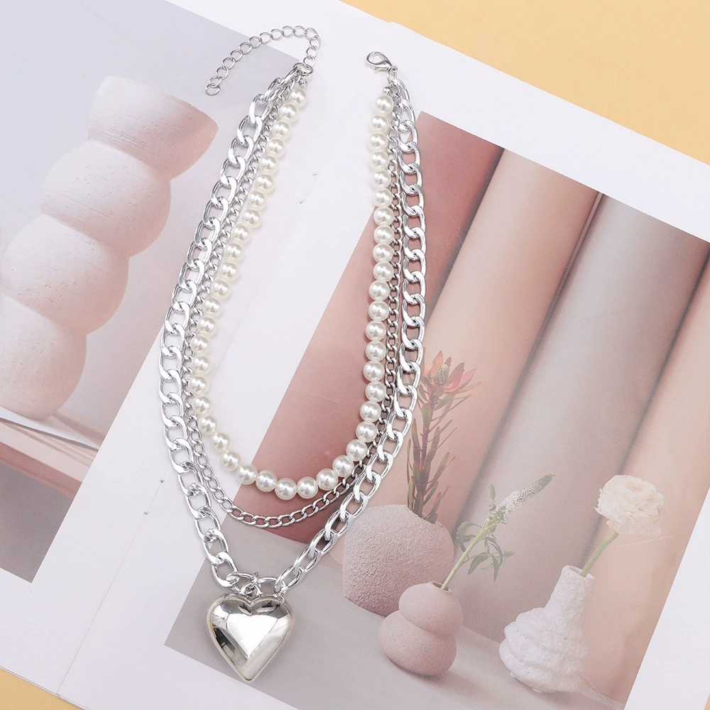 Chic Shimmering Heart Charm with Layered Pearl Beads - Intricate Metal Link Neckpiece