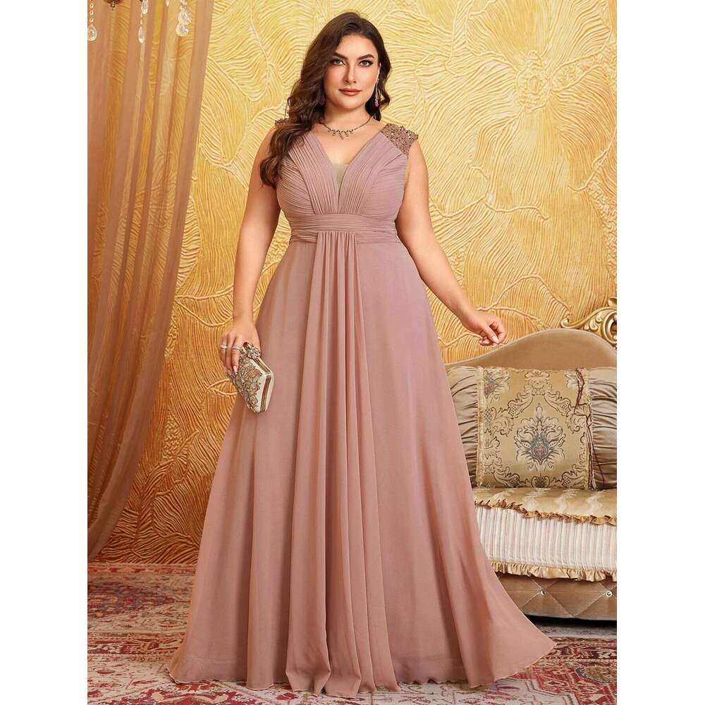 Unithorse Plus Size V-Neck Sleeveless Bust Ruched Sequin Patchwork Chiffon Dress