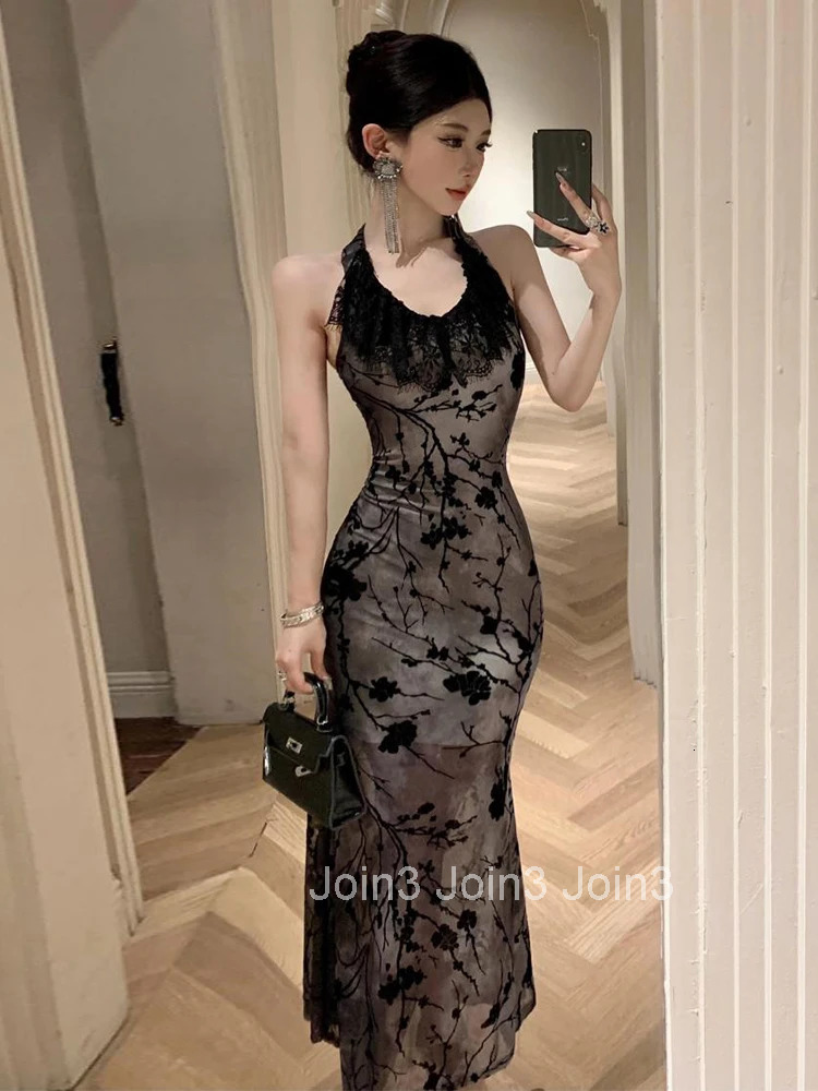 Women Clothes Retro Black Lace Ruffle Sexy Halter Backless Slim Evening Long Dress Elegant Fashion Party Prom Vestido Robe Beach