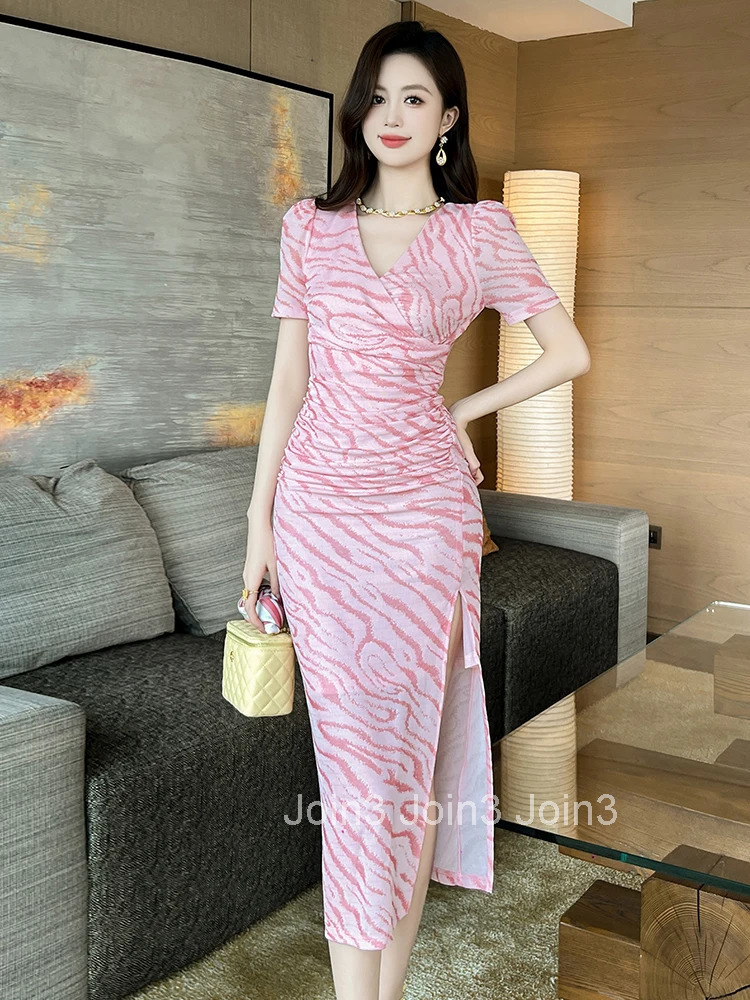 Summer Sweet Pink Striped Stretchy Dress Women Casual Elegant Sexy V-Neck Short Sleeve Skinny Slit Midi Vestidos Street Clothes