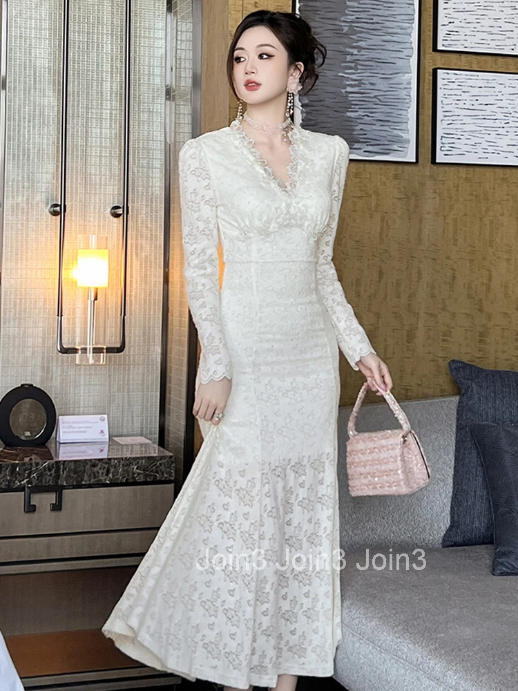 Women Clothes Sweet White Lace Print V-Neck Slim Fishtail Long Dress Elegant Fashion Party Prom Vestidos Robe Autumn Winter New