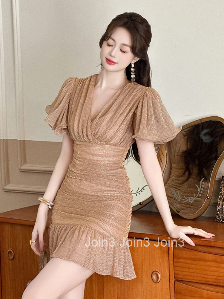 Elegant Fashion Sparkly Gold Bright Silk Mermaid Dress Women Clothes Summer Ruffle Sleeve Slim Party Club Prom Vestidos Fiesta