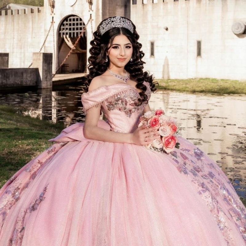 Pink Glitter Ball Gown Quinceanera Dresses Sequins Applique Lace Beading Crystal Bow Tull Sweet 16 Dress Vestidos De 15 Anos