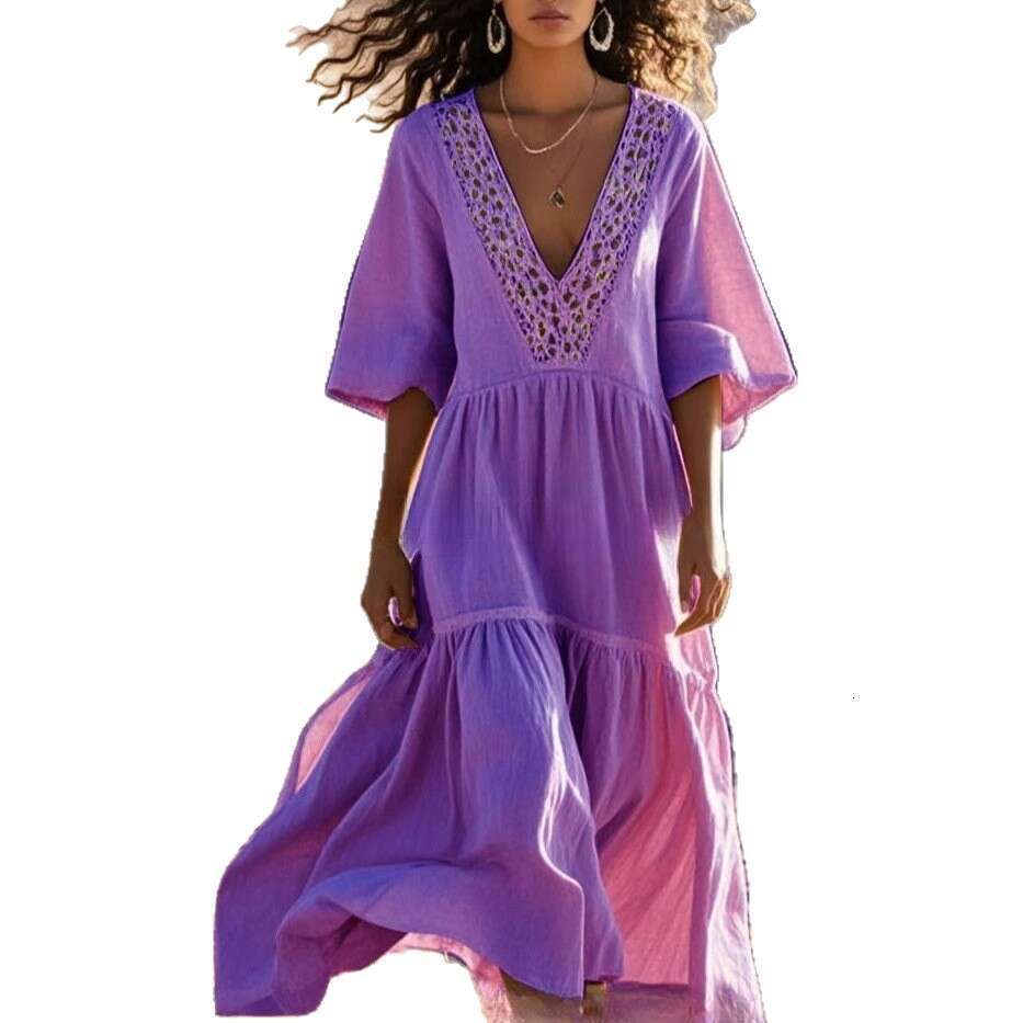 V-Neck Hollow Lace Beach Vacation Loose Swing Dress B5