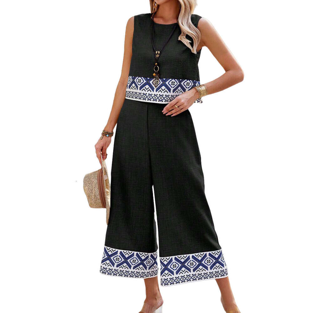 New Summer Printed Casual Top And Wide-Leg Pants Two-Piece Set For Women Ethnic Style B5