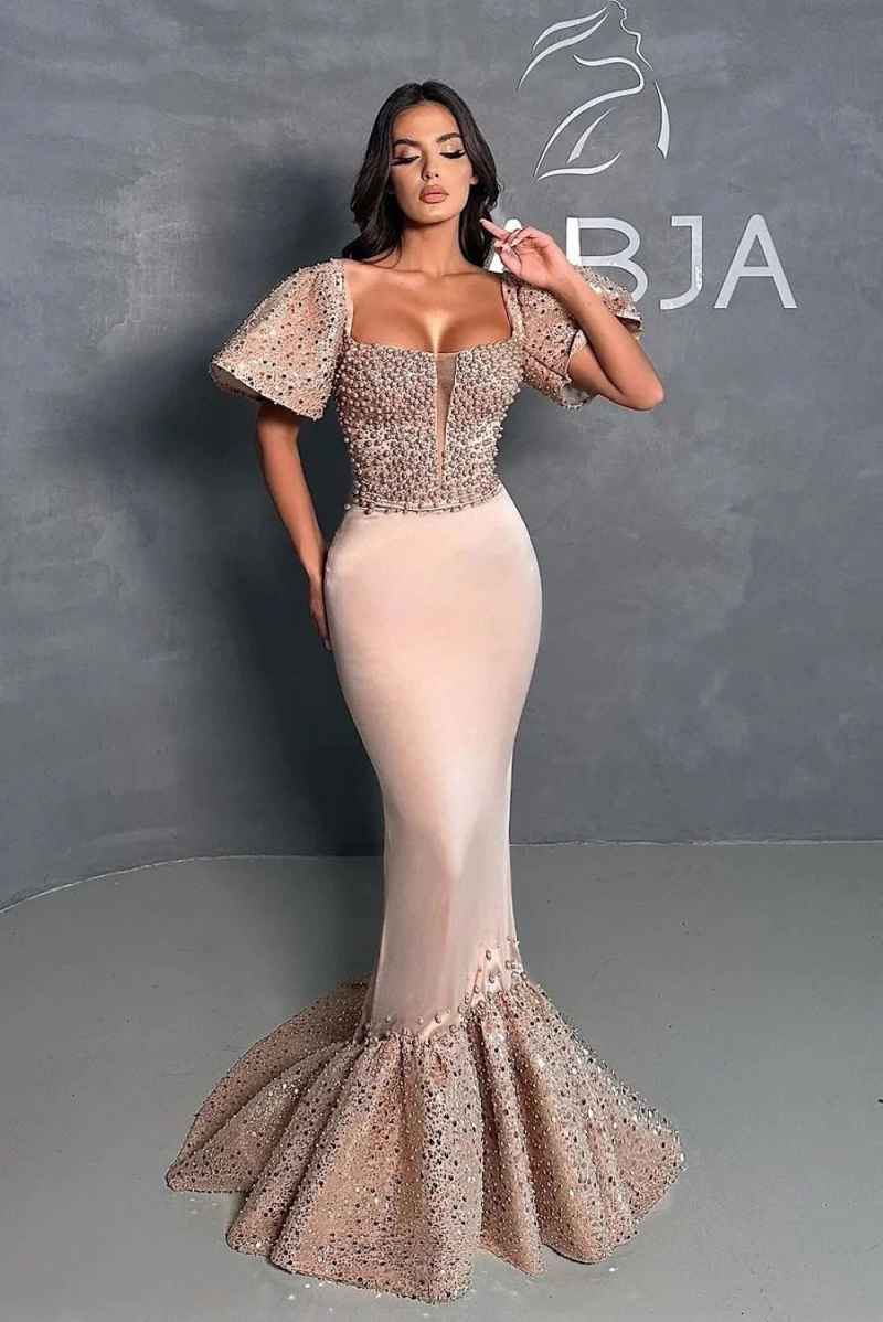 Gorgeous Pearls Mermaid Evening Dress Square Neck Short Sleeve Prom Gowns Sheath Beaded Floor Length Formal Dresses Customized