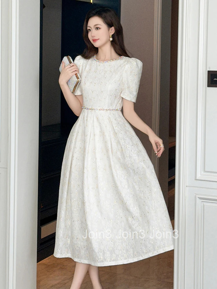 Summer Fashion White Lace Evening Dress Women Clothes Elegant Sweet Flower Puff Sleeve Slim Midi A-Line Party Prom Vestidos Robe