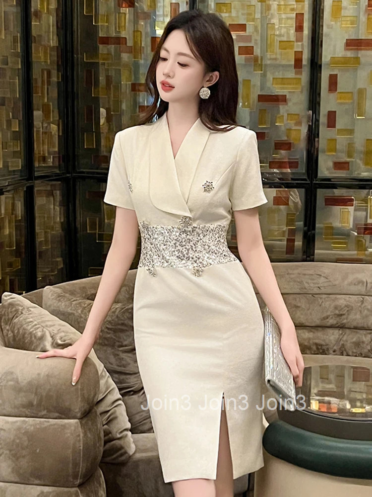 Women Clothes Business Formal Occasion Sequin Splicing Short Sleeve Slim Midi Pencil Dress Elegant Fashion Vestidos Summer New