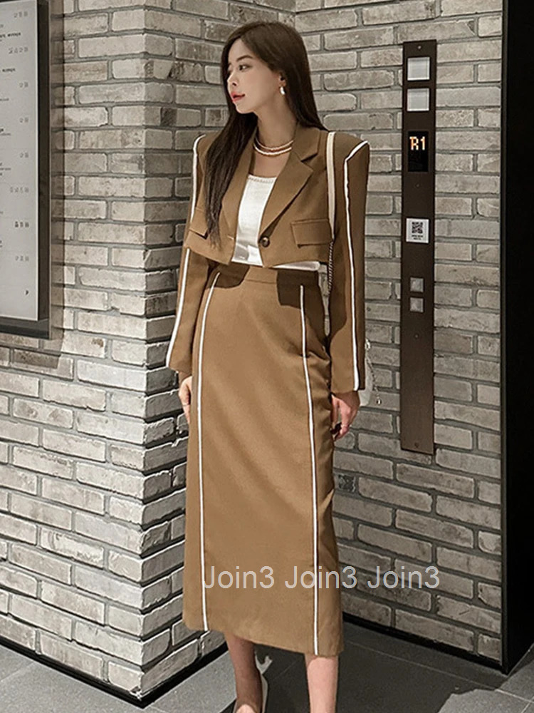 New Fashion Work Style Formal Lady 2 Pieces Outfit Suits Women Vintage Short Tops Coat Blazer Suit And High Waist Midi Skirt Set