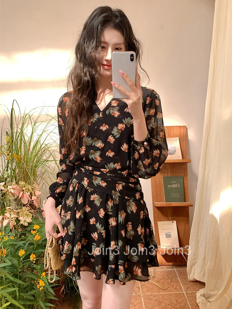 Women Vacation Clothes Sweet Chiffon Floral Print V-Neck Slim Mini Short A-Line Dress Elegant Fashion Party Vestidos Casual New