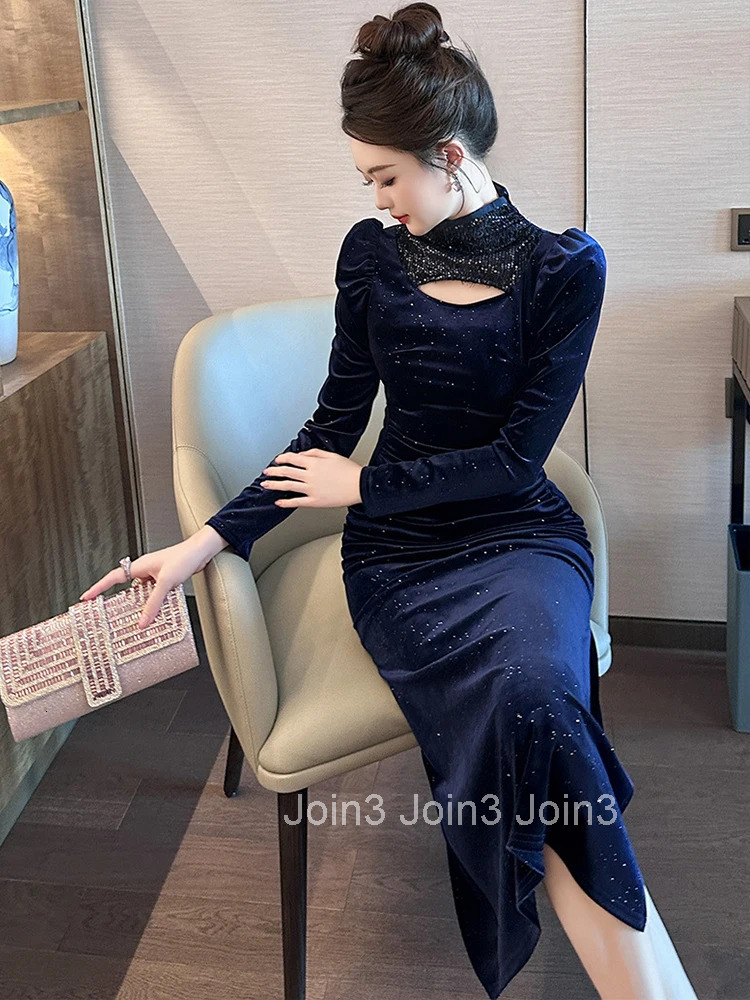 Women Clothes Velvet Shiny Stand Neck Slim Folds Midi Fishtail Dress Elegant Evening Party Vestido Robe Autumn Winter Casual New