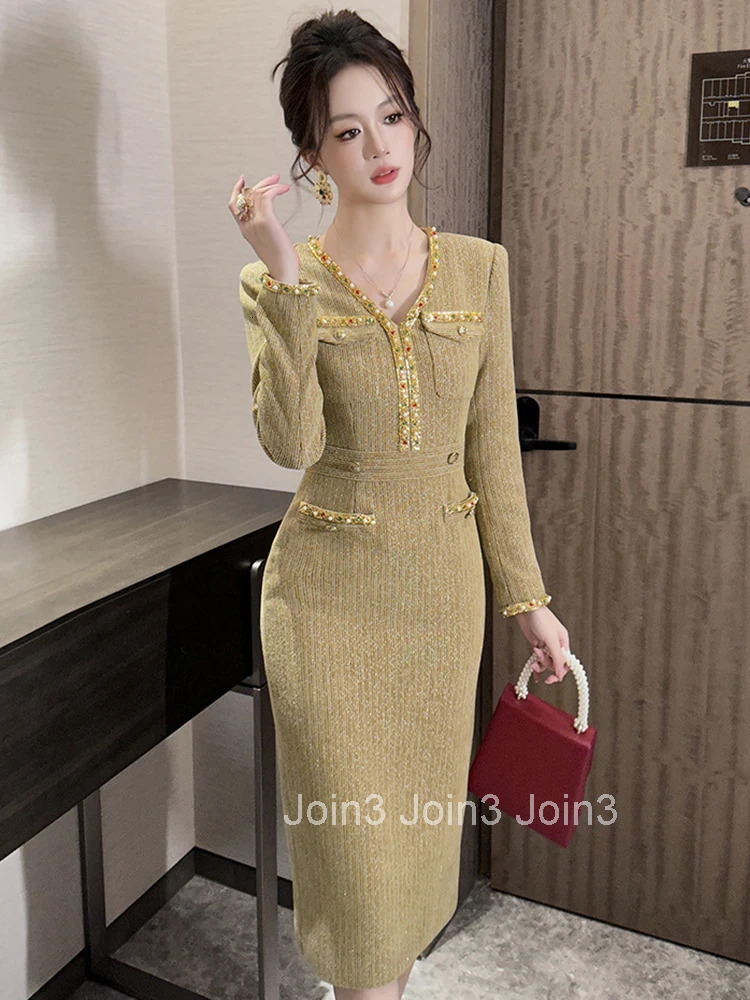 Women Clothes Formal Occasion Retro Tweed V-Neck Slim Midi Pencil Dress Elegant Fashion Party Vestidos Casual Autumn Winter New