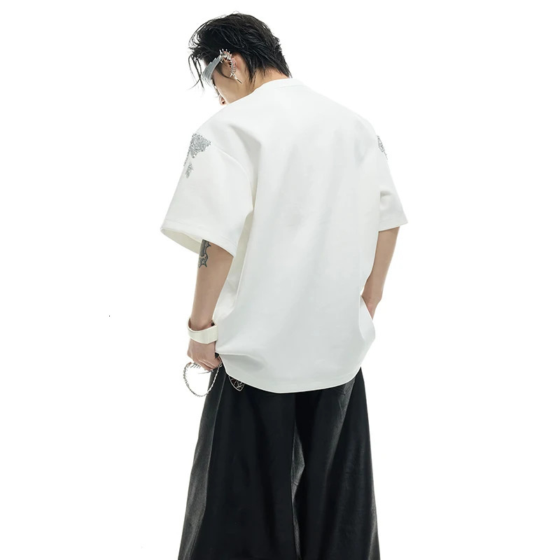 LUZHEN Handsome Streetwear Sequin Patchwork Pattern Short Sleeve T-shirts Men Summer Loose Shoulder Pad Fashion Tops JY1402 250616