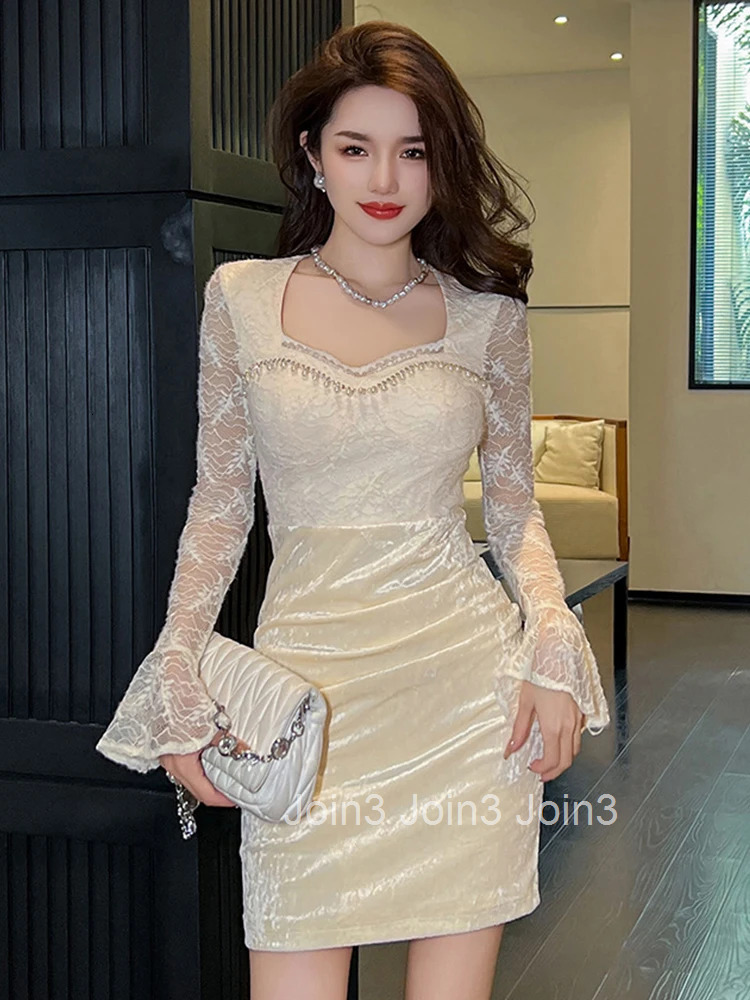 New Fashion Lady Elegant Luxury Short Mini Dress Women Sweet Sheer Sexy Square Collar Skinny Party Prom Vestido Stretchy Clothes