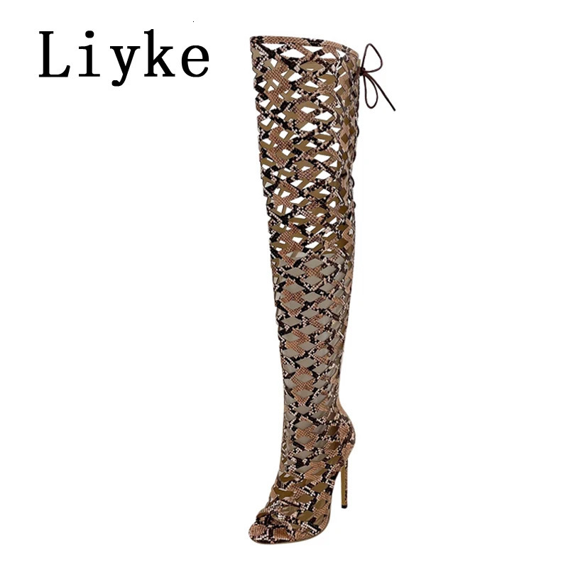 Liyke Sexy Snakes Print Leather Women Hollow Out Thigh High Over The Knee Boots Sandals Fashion Open Toe Zip Lace-Up Heels Shoes 250617
