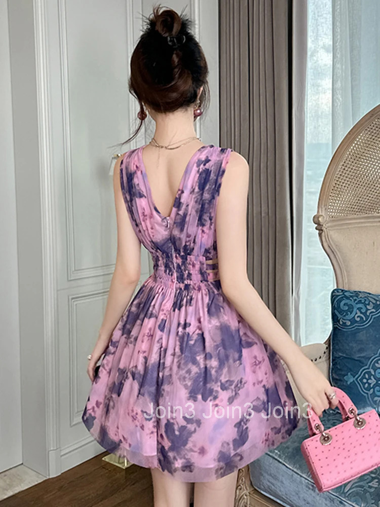 Women Clothes Floral Print Sexy Sleeveless Hollow Slim Mini Short A-Line Dress Elegant Fashion Party Vestido Vacation Casual New