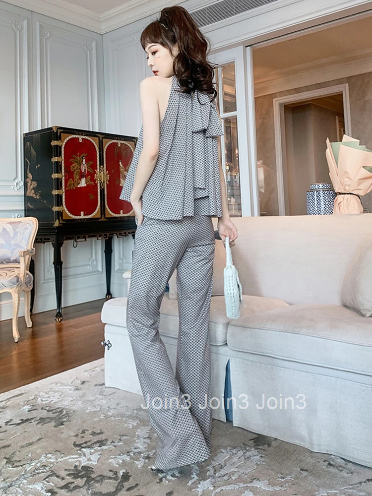 Women Elegant Vintage Print Casual Loose Stand Neck Strapless Lace Tops Shirt Blouse OL High Waist Long Flare Pants 2 Pieces Set