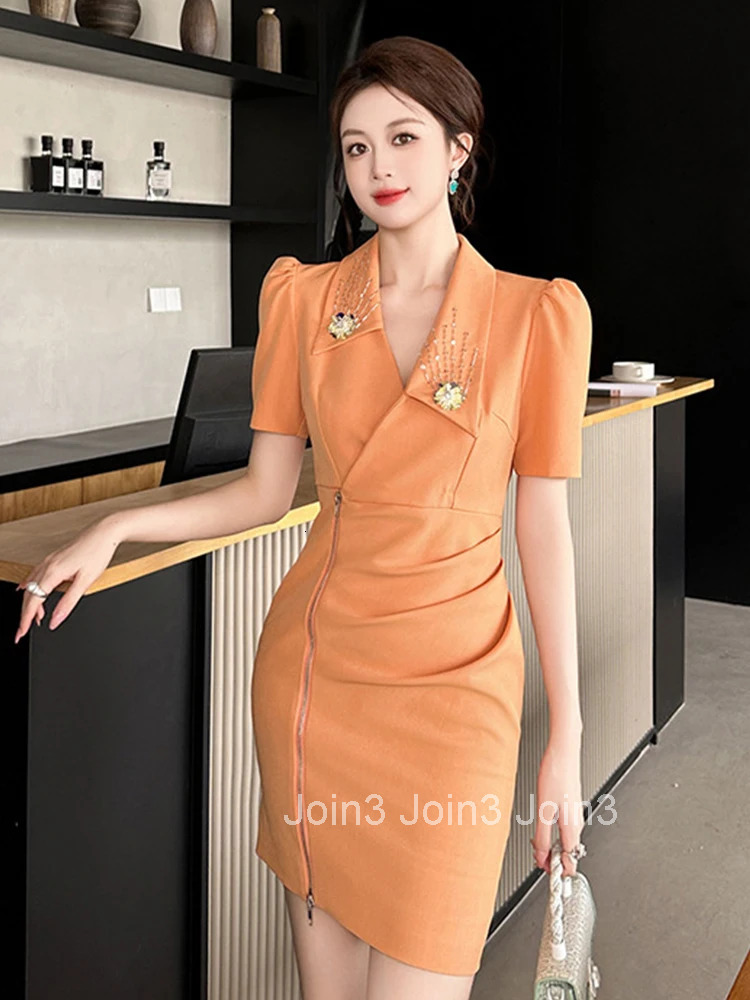 Summer Asymmetrical Business Formal Occasion Pencil Dress Women Clothes Elegant Office Short Sleeve Skinny Folds Party Vestidos