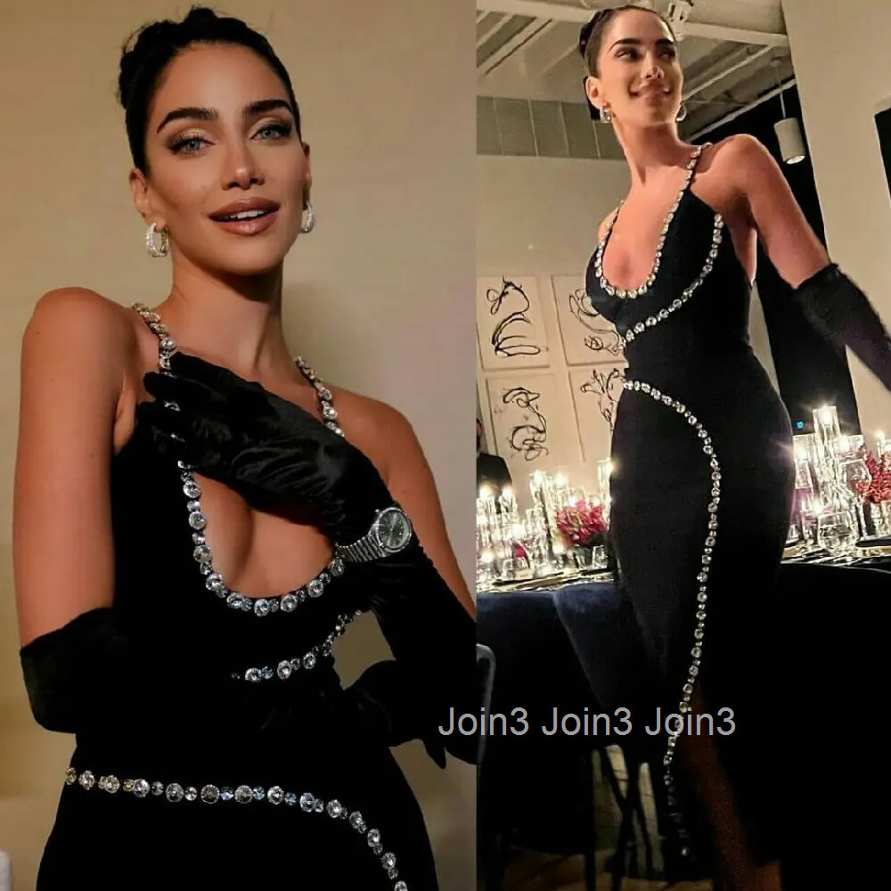 Newest Fashion Women Black Bodycon Bandage Dress Flash Diamond Embellished Spaghetti Strap Elegant Evening Party Red Carpet Gown