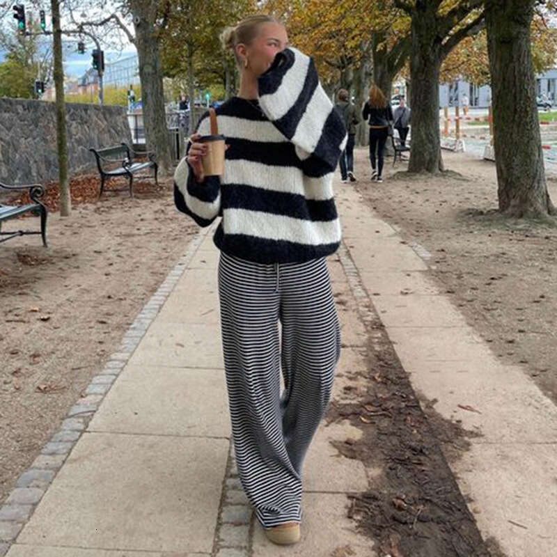 Basic Simple Striped Color-Block Straight-Leg Casual Drawstring Home Pants New Model B5