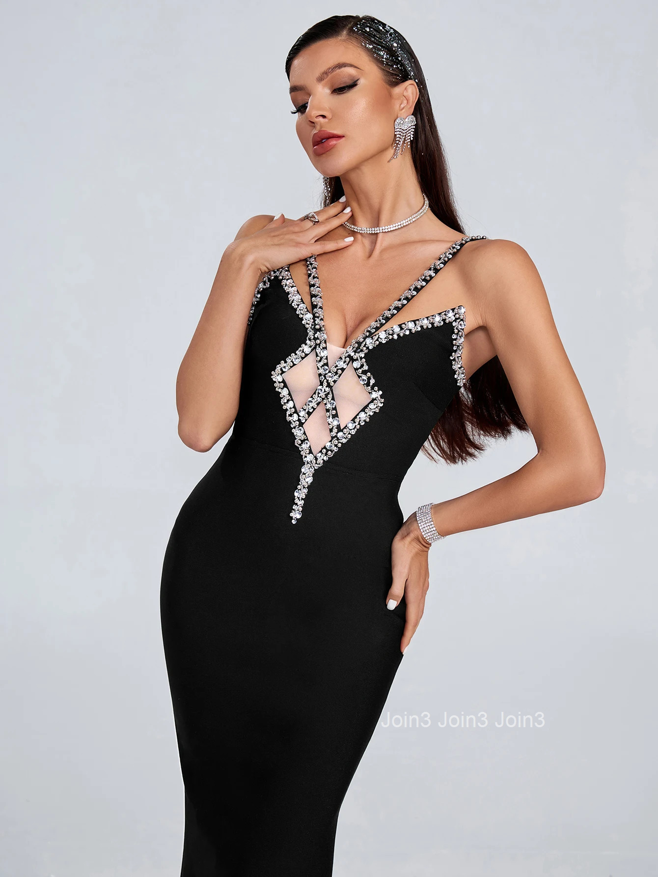 Chic Black Bandage Dress For Women Sexy Gauze Splicing Deep V-neck Backless Diamonds Gown Celebrity Vestidos Evening Party Wear