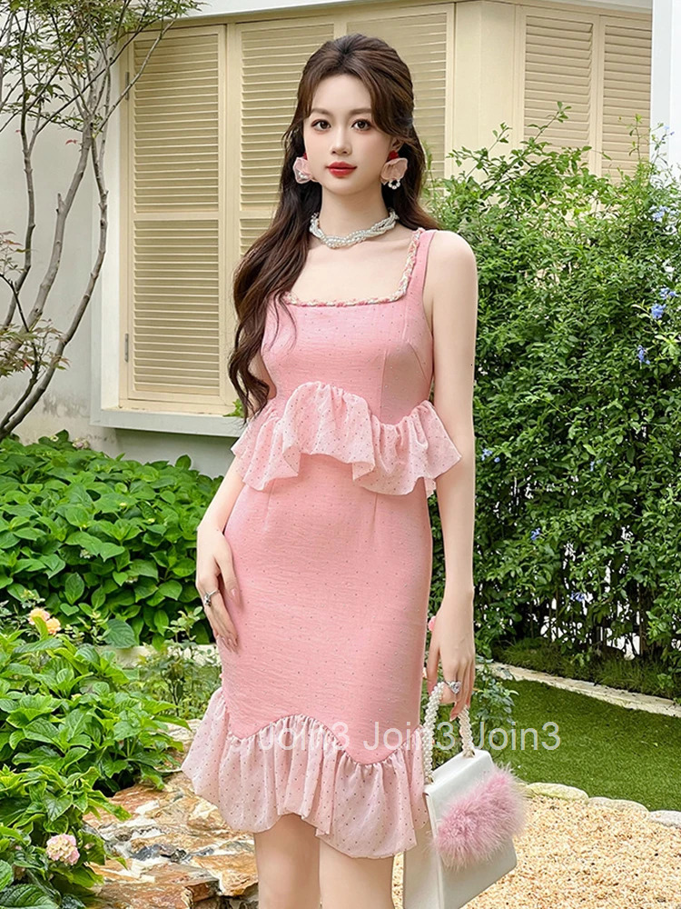 New Summer Fake 2 Piece Pink Sweet Luxury Sparkly Evening Dress Women Clothes Ruffle Sexy Sling Slim Party Prom Vestidos Fiesta