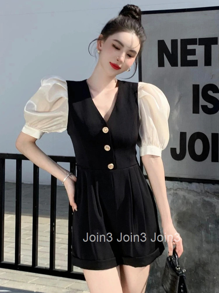 Korean Women One Piece Jumpsuit Casual Vintage V-Neck Puff Sleeve Lady Mujer High Waist Folds Slim Shorts Romper Playsuit Summer
