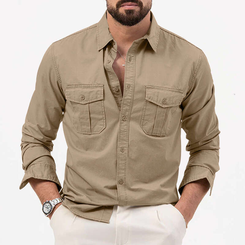 New Cross-Border Trade Simple European and American Men's Shirt with Multiple Pockets Casual Long Sleeve Top for Men