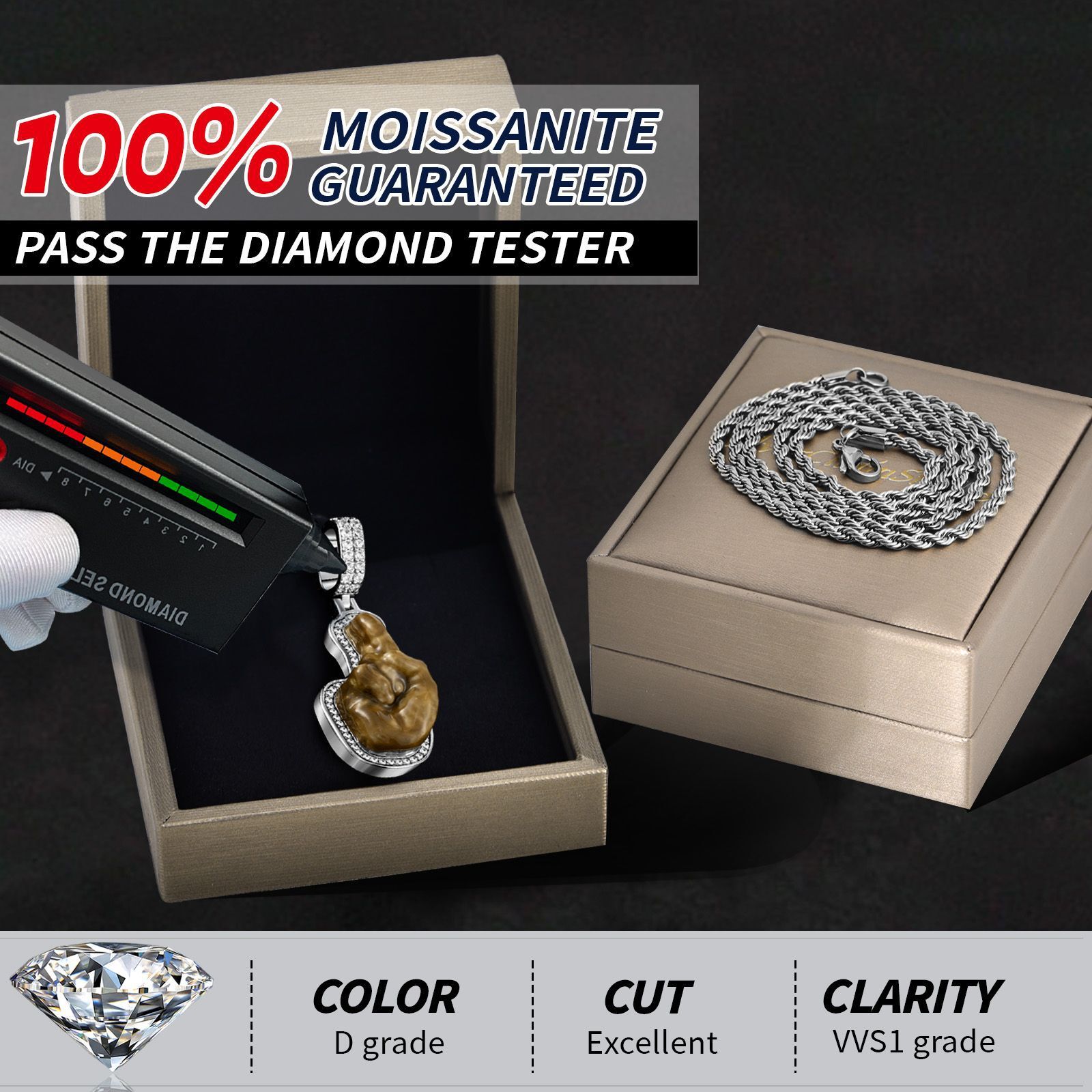 Luxury Moissanite Diamond Inlaid Hip Hop Punk Men's Pendant Trendy Cool Light Luxury Statement Necklace Pass the diamond tester