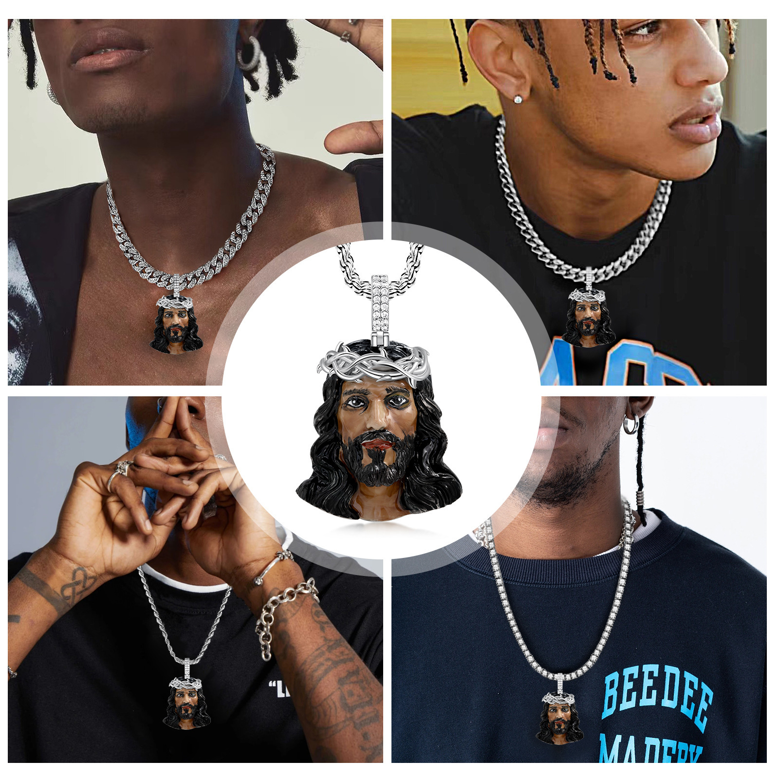 Luxury Hip Hop Jesus Head Diamond Inlaid Men's Personalized Light Luxury Trendy Cool Statement Necklace