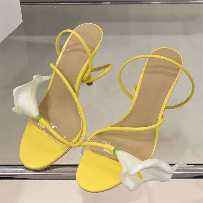 Eilyken Sexy PVC Transparent Flower Narrow Band Women Sandals Street Style Open Toe Thin High Heels Party Prom Shoes
