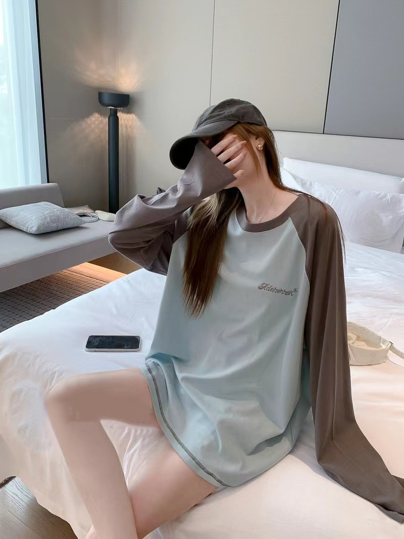 SL236 Women's Spring and Autumn Contrast Color Round Neck Loose Long Sleeve Top Thin Shirt Bottoming Shirt