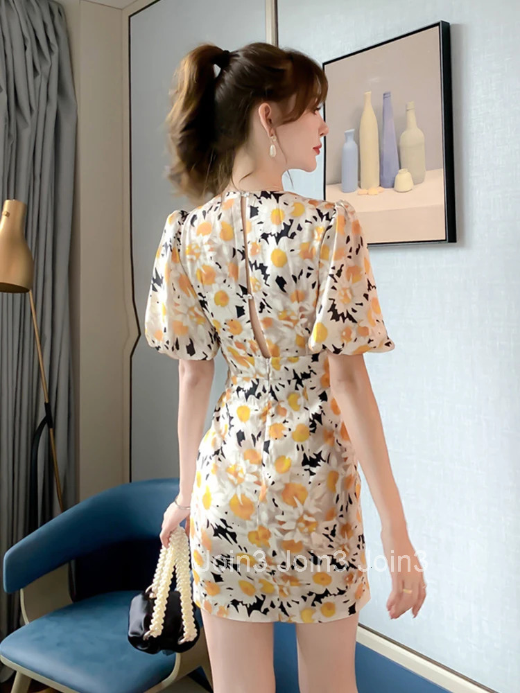 New Arrival Comfortable Slim Print Formal Dress Temperamental Vintage Elegant Work Style Cute Sexy V-neck Mini Pencil Dress